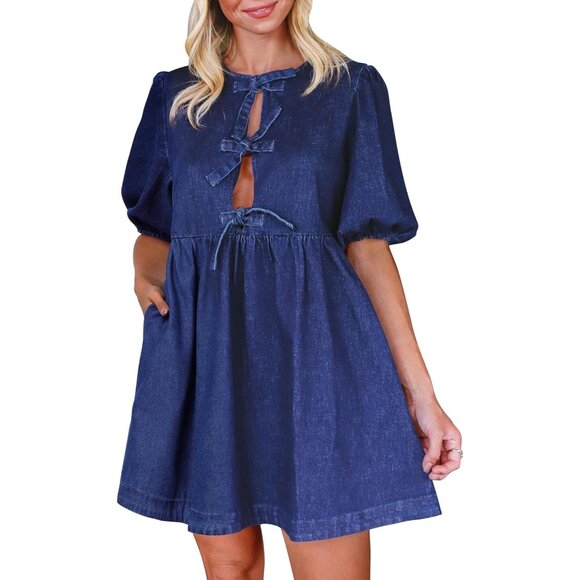Dresses & Skirts - Women’s Denim Dress Puff Short Sleeves Babydoll Pockets Casual Blue 80% Cotton